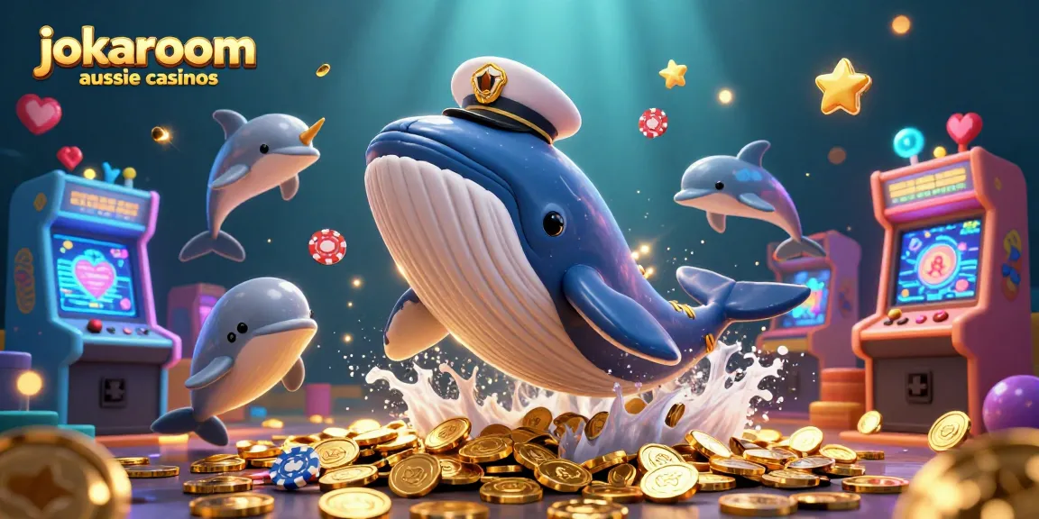 Engage with jokaroom aussie casinos in this vibrant 3D scene featuring a clever whale, a magical narwhal, and dolphins tossing poker chips.