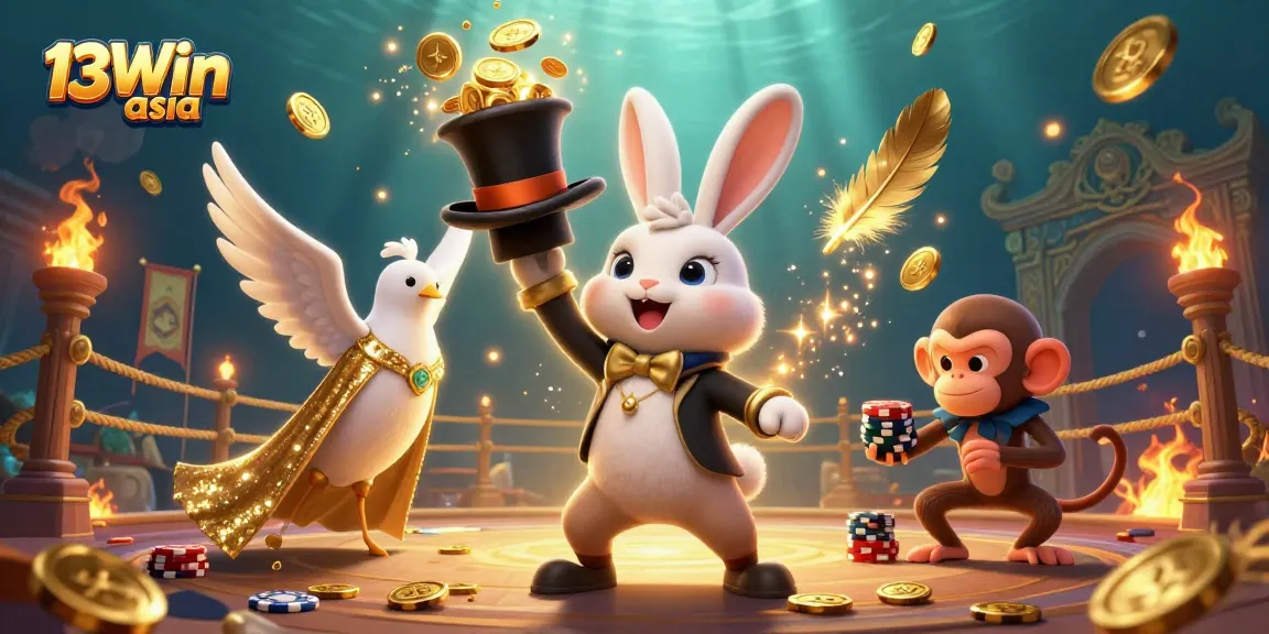 Experience the excitement of 13Win asia with a vibrant scene featuring a magician, dove, and monkey amidst dynamic casino elements.