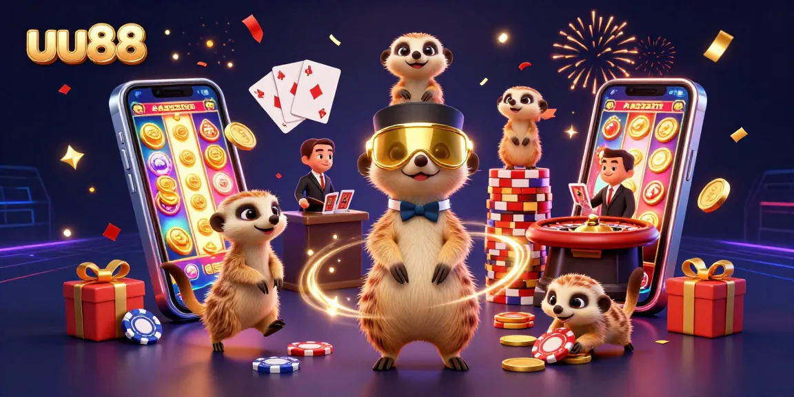 uu88 meerkats engaging in exciting casino activities with vibrant slot games, chips, and confetti.