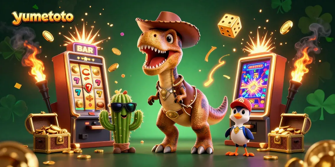 Experience excitement at yumetoto with a colorful 3D casino scene featuring jackpot actions and vibrant characters.