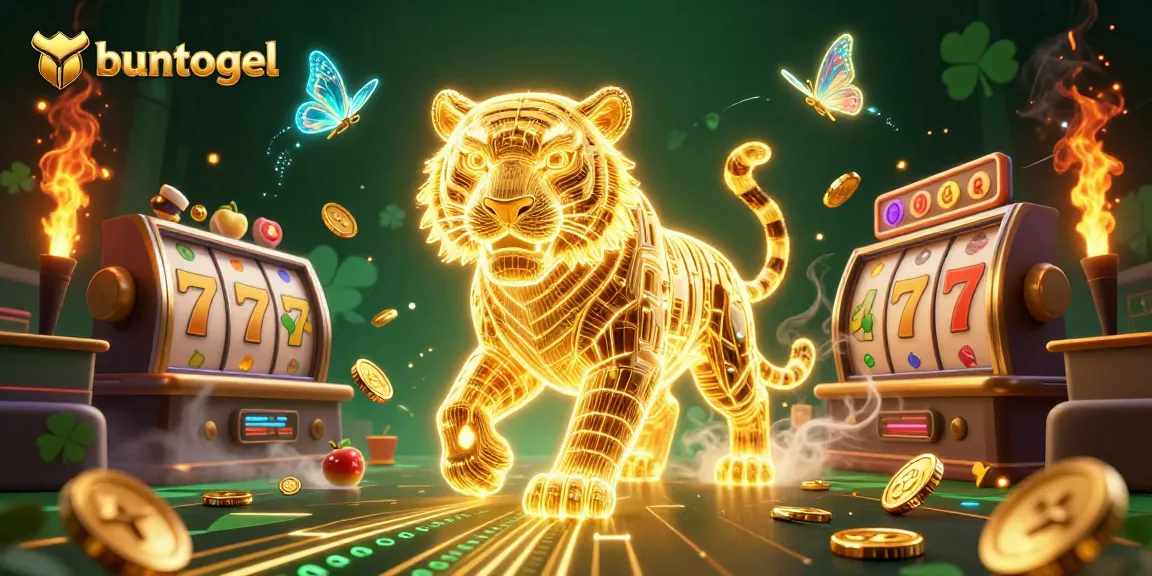 Experience Buntogel's vibrant gaming world with a neon tiger and jackpot symbols illuminating the digital landscape.