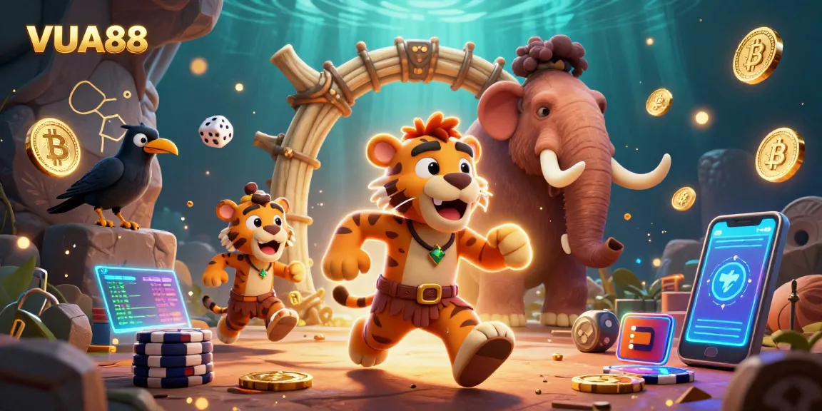 Engage in thrilling gambling at VUA88 with a vibrant prehistoric casino scene featuring a lively trio.