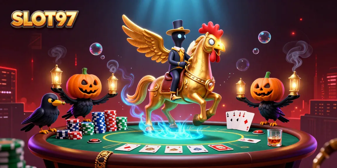 SLOT97 features an enchanting scene with a golden rooster headless horseman and crow companions in a dynamic casino atmosphere.