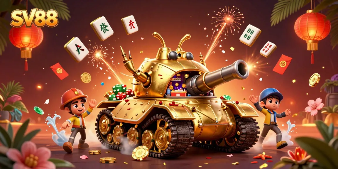 Experience the thrill of SV88 with a dynamic casino scene featuring golden beetle tank and festive elements.