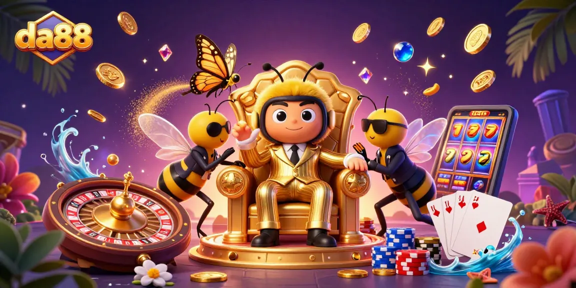 Play games and win with da88's vibrant casino-themed digital illustration featuring action-packed characters.