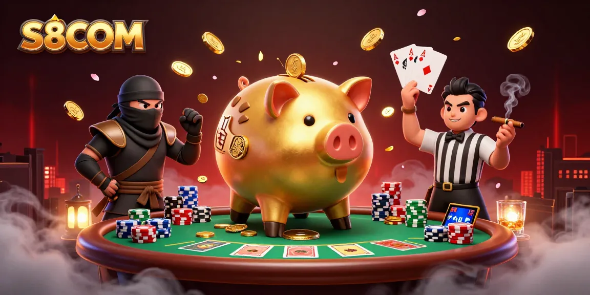 Engage in thrilling gameplay at S8COM with a vibrant casino scene featuring a piggy bank sumo wrestler.