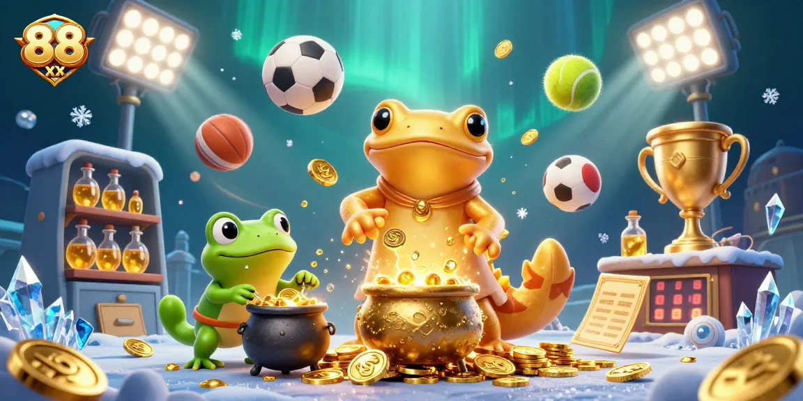 Bet on the exciting adventures at 88 xx, featuring a golden salamander alchemist amid sports elements and treasures.