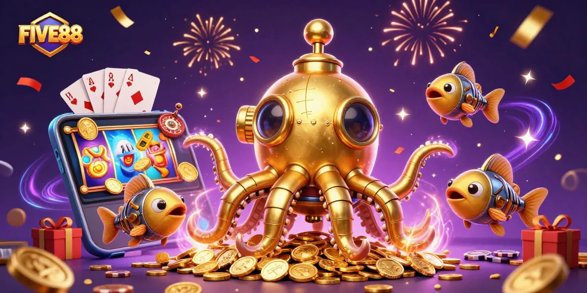 Experience the thrill at FIVE88 with a golden kraken submarine amidst a sea of coins and dynamic gaming elements.