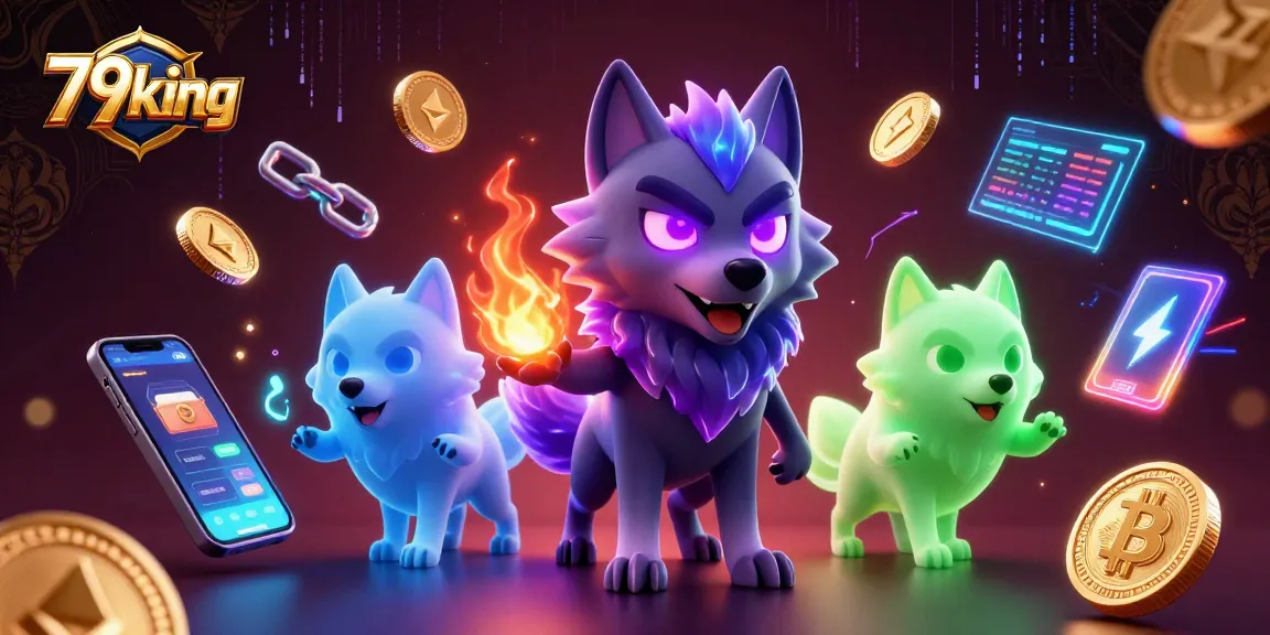Win big with 79king in this vibrant 3D casino scene featuring neon currency and ghostly wolves.