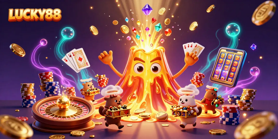 LUCKY88 invites players to experience thrilling wins with 3D animated treasure in a vibrant casino scene.