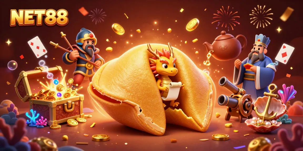 Experience the excitement of NET88 as a golden fortune cookie reveals treasures and fortunes in this vibrant casino-themed illustration.