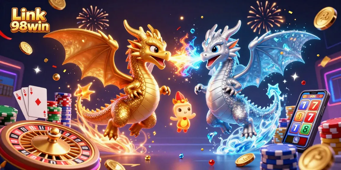 Engage with the dynamic gaming world at Link 98win featuring dragons, coins, and casino elements.
