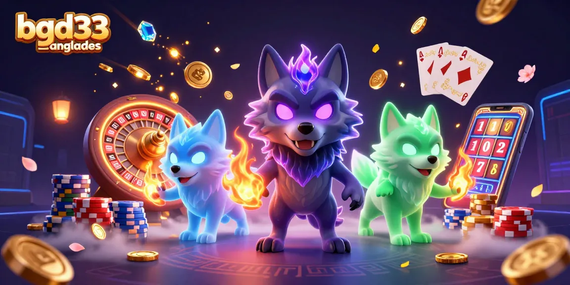 Experience thrilling action with bgd33 banglades in this 3D casino illustration featuring energetic wolves and dynamic casino elements.