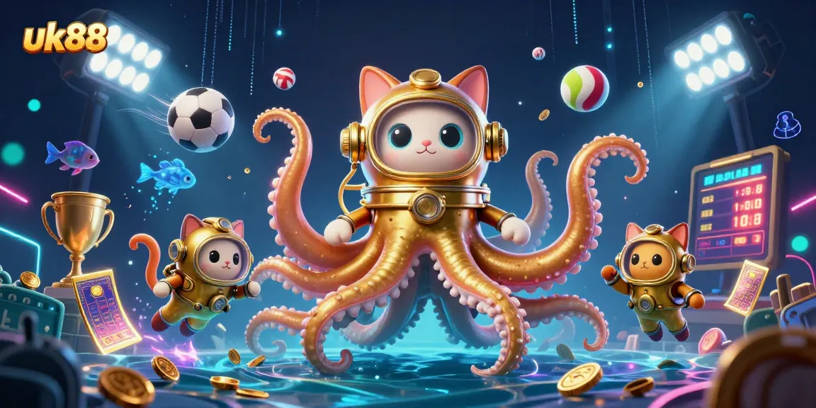 Experience the excitement of uk88 gaming with a colossal kraken and diving cat in a vibrant 3D scene.