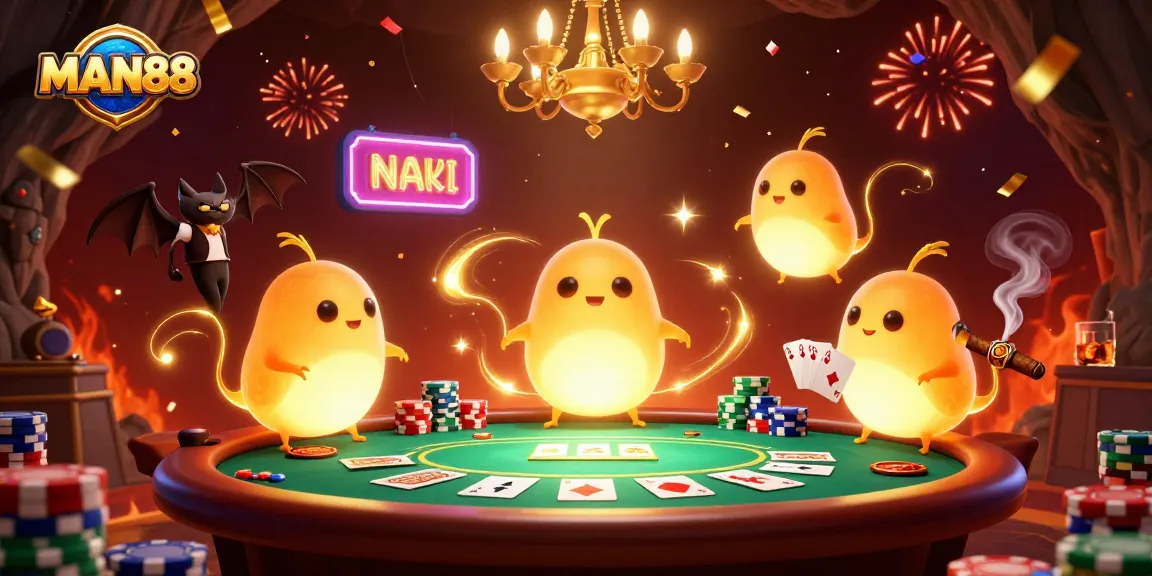 Experience the excitement at MAN88 with glowworms illuminating a casino scene full of poker action.