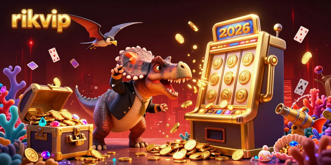 rikvip casino scene with animated dinosaurs, a golden slot machine, and flowing coins creating excitement.