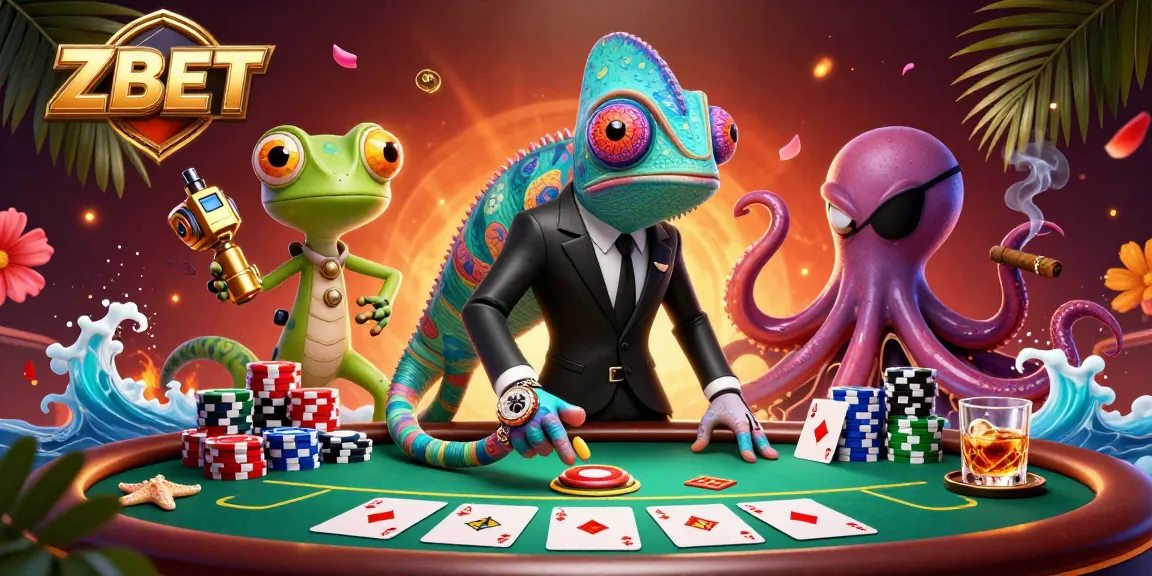 ZBET gamblers engaging at a vibrant poker table with colorful chips and cards in a lively casino scene.
