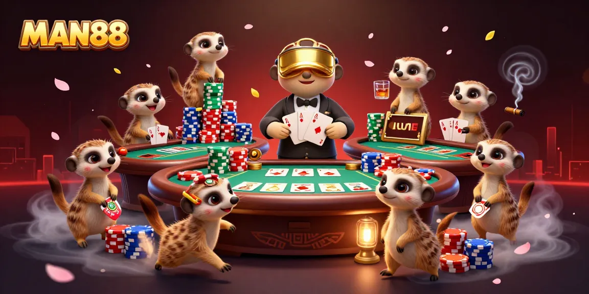 Experience MAN88's thrilling gaming atmosphere with meerkats dealing cards and managing poker games.