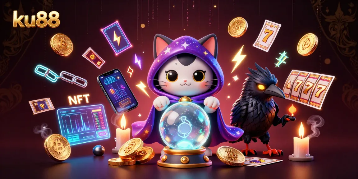 ku88 engages players with a mystical cat and raven in an exciting casino atmosphere.