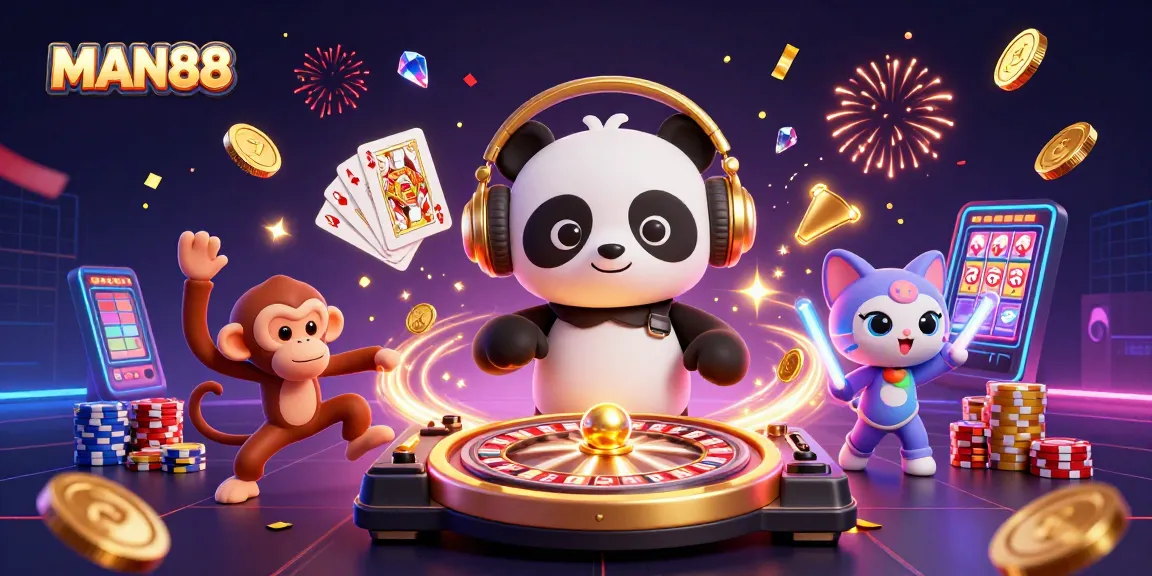 Engage with the thrill of MAN88, featuring vibrant characters and dynamic casino elements in a lively scene.