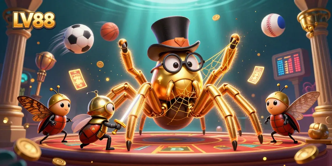 Experience the excitement of LV88 with a dynamic golden tarantula and a brave beetle knight in a captivating casino scene.