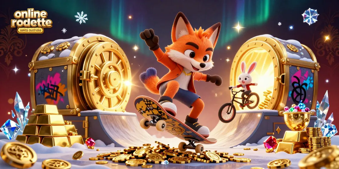 Experience excitement at online roulette casino australia with a vibrant 3D illustration of playful characters and casino treasures.