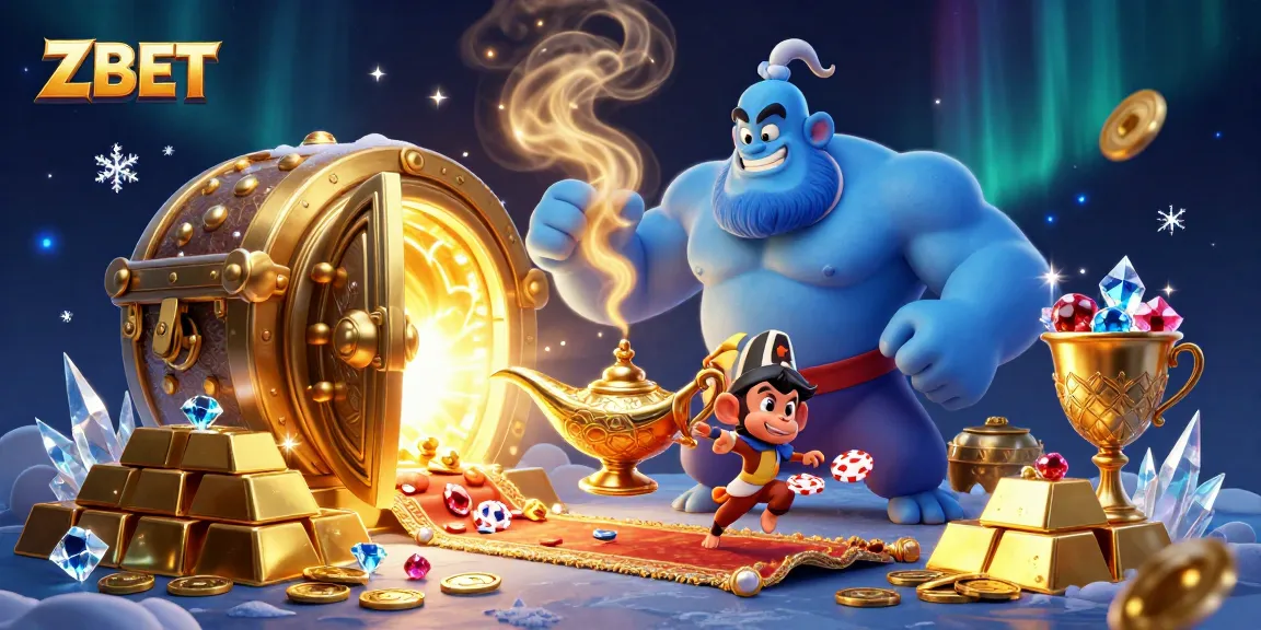 ZBET showcases an enchanting casino scene with a blue genie, treasure vaults, and poker chips.