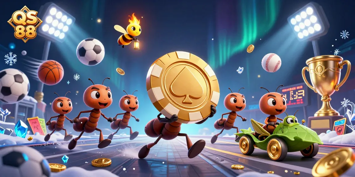 Engage with the dynamic adventure of QS 88 as ant characters carry a giant poker chip amid vibrant sports graphics.