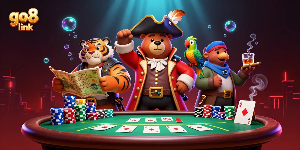 Engaging scene illustrating go8 link with cartoon pirate bear, tiger, poker table, and chips in vibrant casino atmosphere.