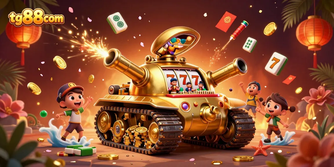 Engage with tg88com's vibrant casino universe featuring a golden beetle tank revealing a playful miniature casino.