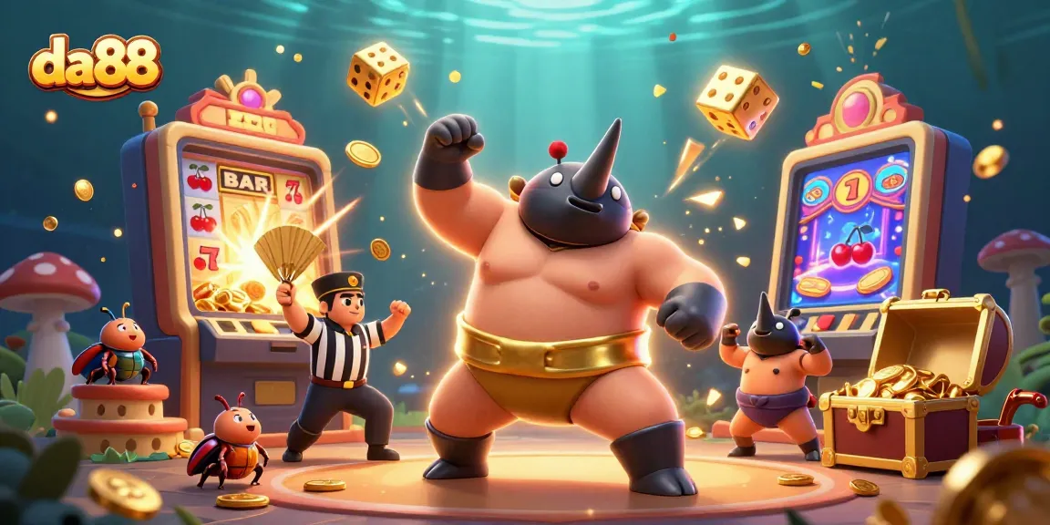 Experience exciting wins at da88 with a dynamic illustration of a sumo beetle champion in action.